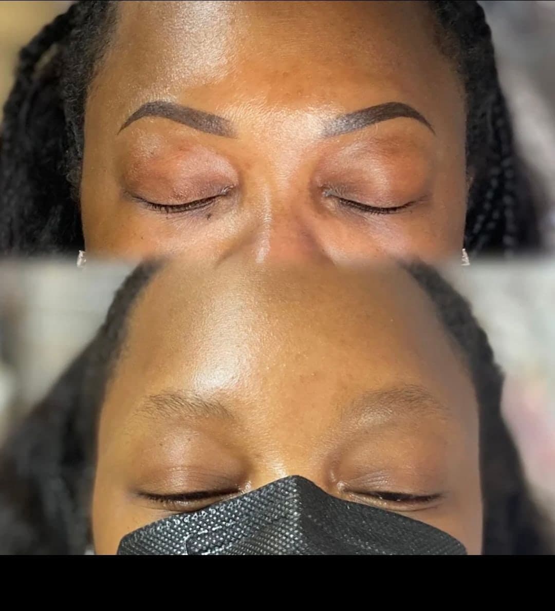Before and after Ombré powder brows on a client with box braids — sparse to full and defined
