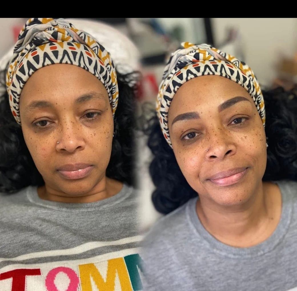 Before and after Ombré powder brows — sparse brows filled in, full and defined